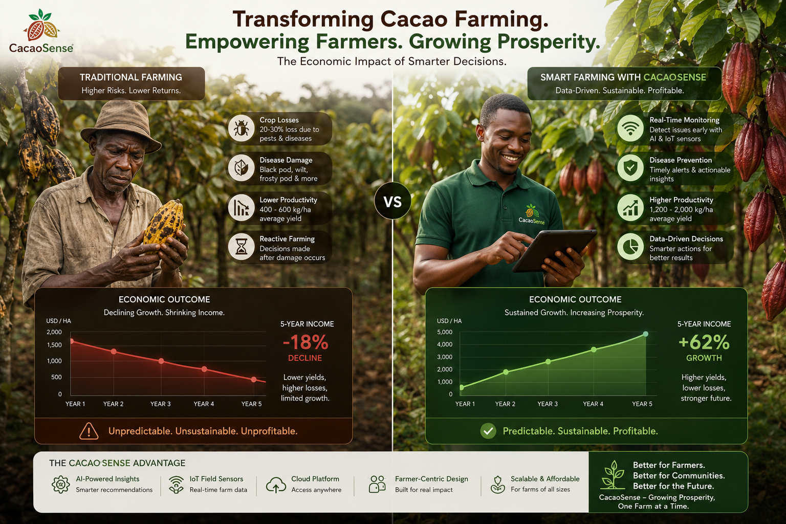 Comparación entre cacao afectado por enfermedad y plantas saludables