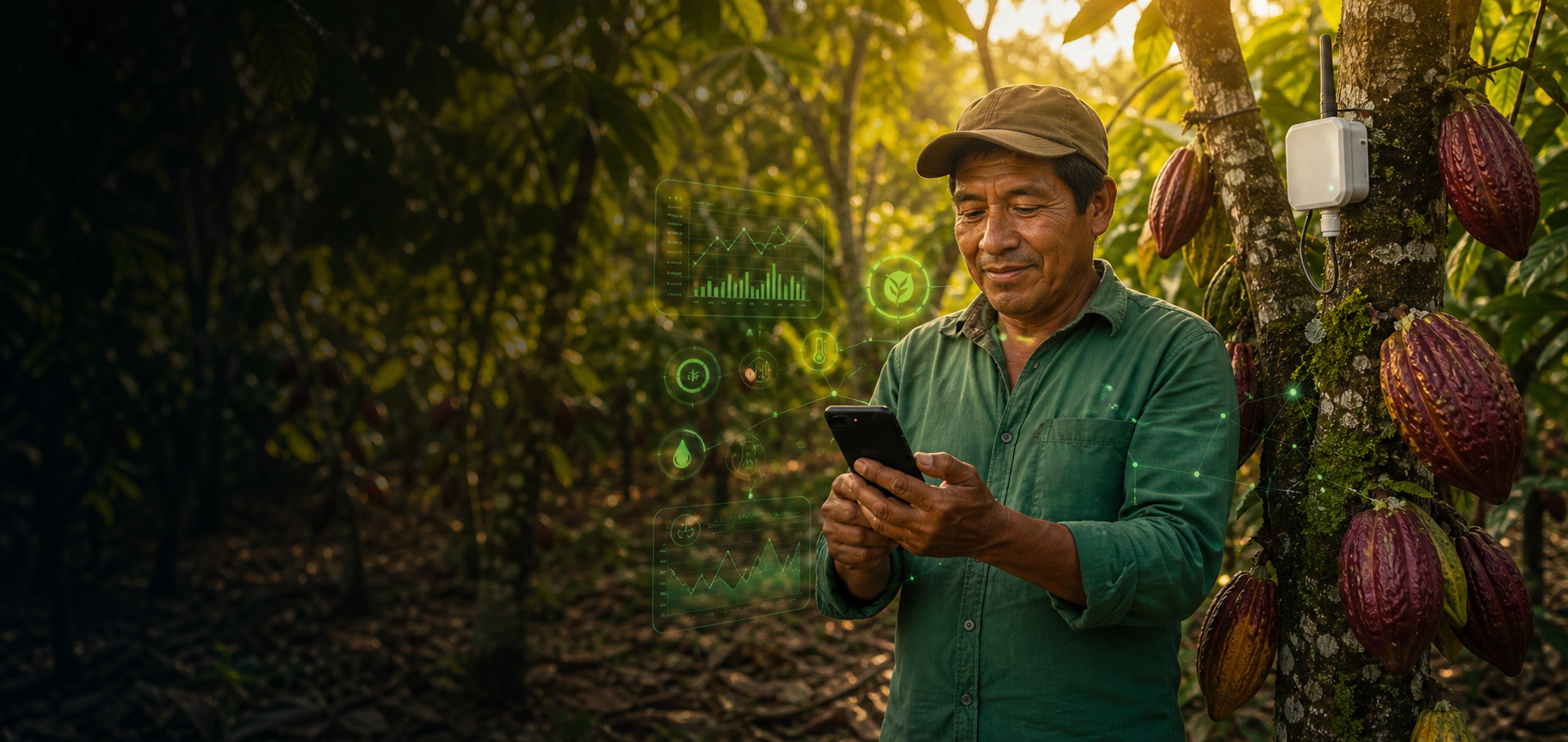 Productor de cacao usando tecnología CacaoSense en una finca conectada